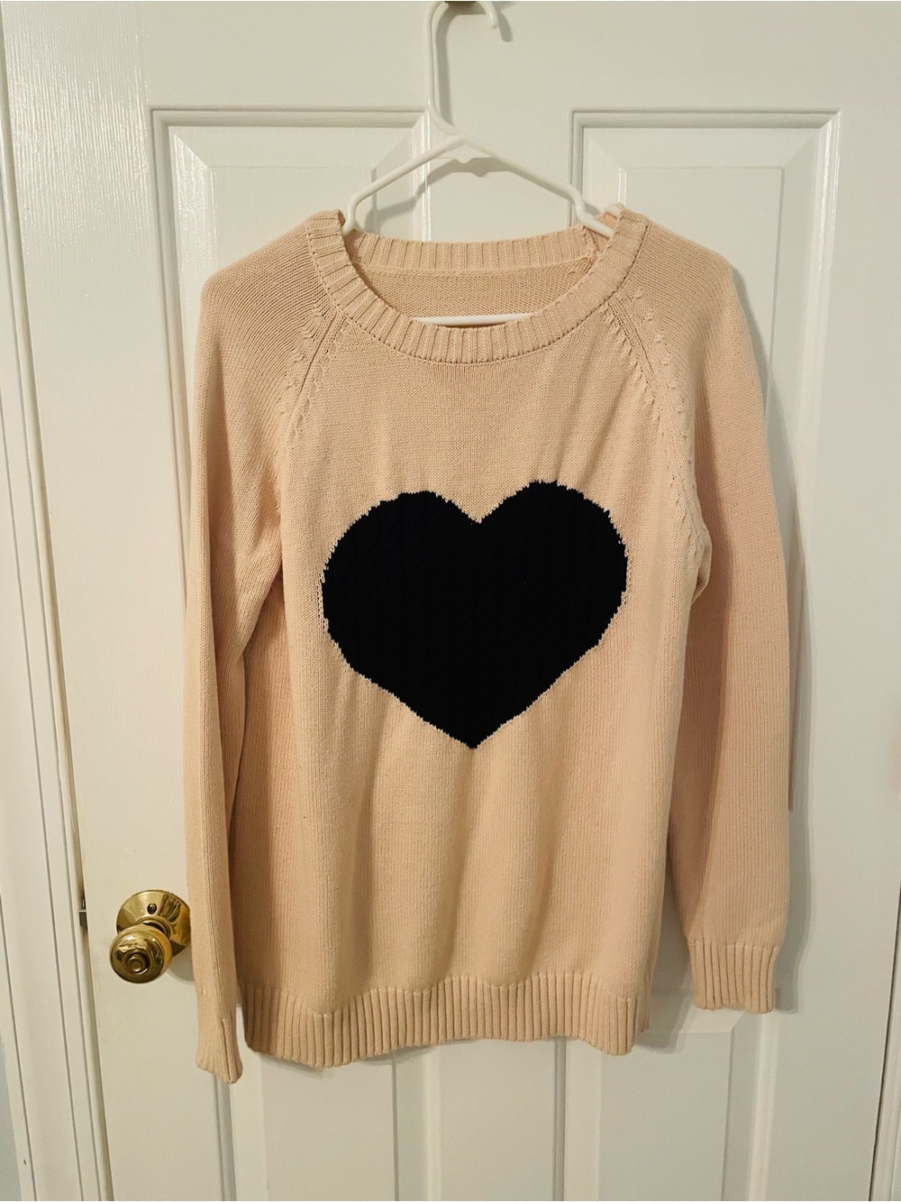 Crewneck Heart Sweater in Pale Pink with Black Heart